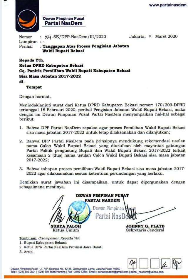DPP Nasdem Restui Pemilihan Cawabup Bekasi
